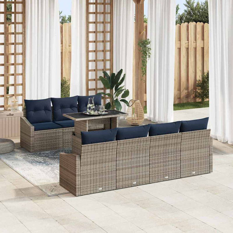 Ensemble de canapé de jardin en rotin de polyester 8 pièces, Coussin bleu / cadre gris