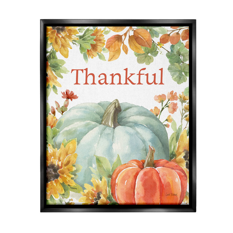 "Thankful With Fall Harvest" par Leslie Trimbach sur toile, Cadre flottant noir de jais, H 21 po x l 17 po