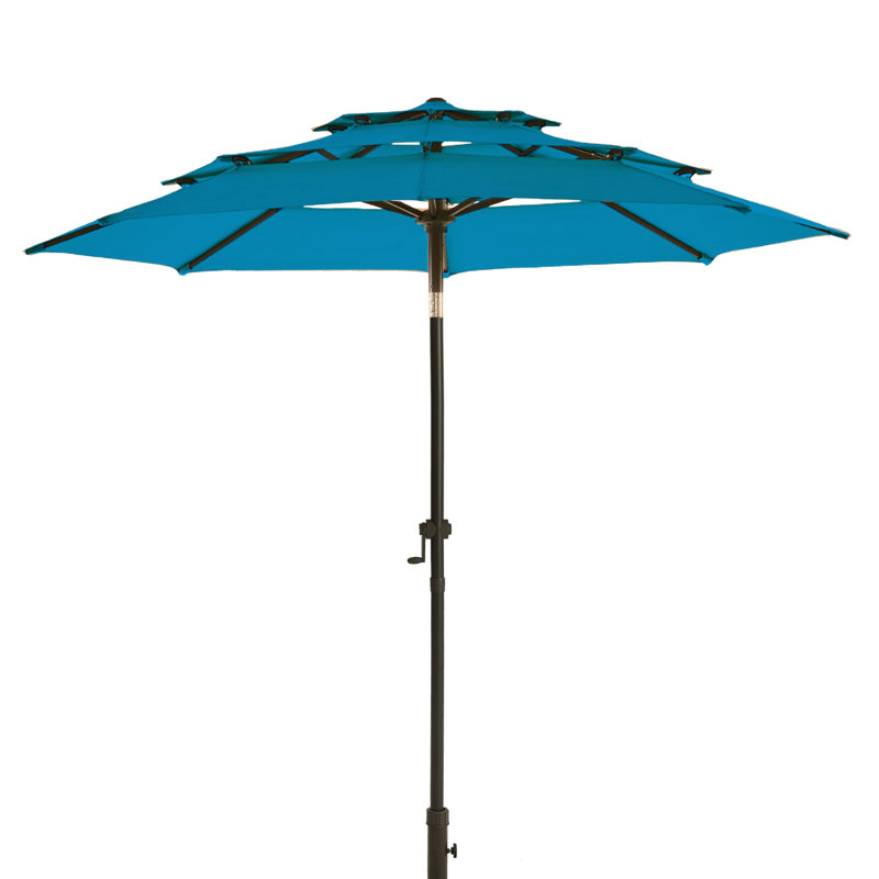 Parasol de marché à 3 niveaux avec bouton-poussoir inclinable et manivelle, H 100 po x l 108 po x P 108 po, Bleu