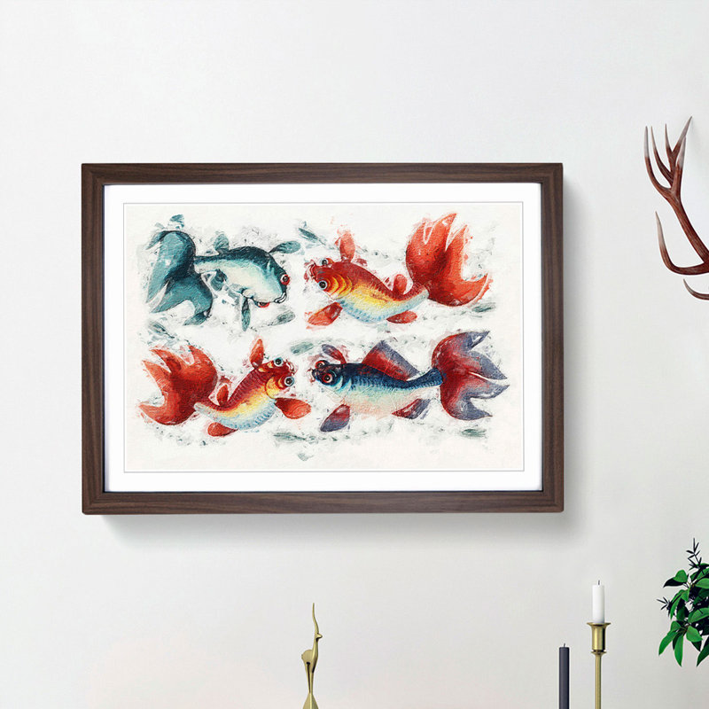 Two Gold & Silver Fish - Picture Frame Painting Print, Walnut Framed, 36cm H x 48cm W x 2cm D