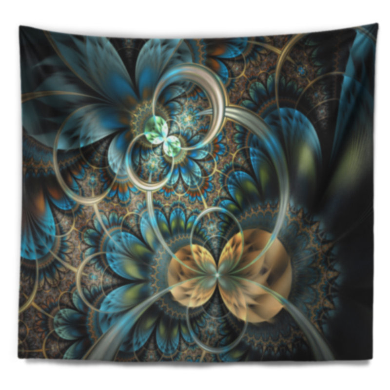 Tapisserie abstraite symétrique de fleur de fractale d'or bleu, H 78 po x l 92 po