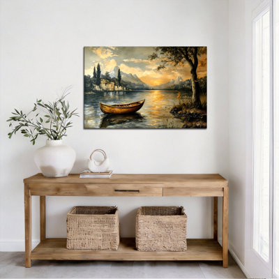Golden Sunset Lake with Wooden Boat Canvas Painting