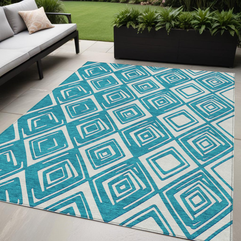 Tapis extérieur bleu sarcelle et ivoire lavable 5 pi x 8 pi bleu sarcelle et ivoire