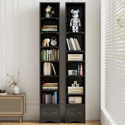 Ensemble de 2 grandes bibliothèques étroites avec tiroirs en tissu, tours de rangement étroites à 8 niveaux avec bibliothèque de 70,9 po, tablettes autoportantes pour la chambre à coucher, le salon et le bureau personnel