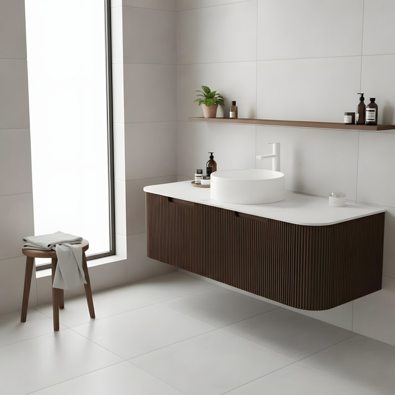 Ensemble de meuble-lavabo mural 48 po avec lavabo rond blanc en céramique et 2 tiroirs, 48"