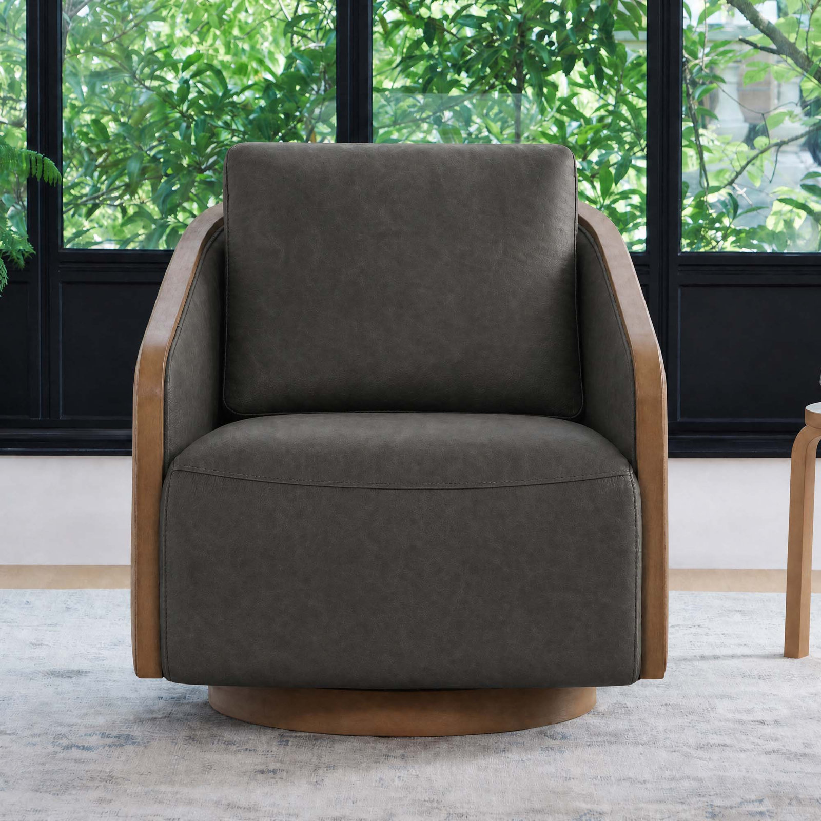 Nieve Pine Swivel Barrel Chair, Gray