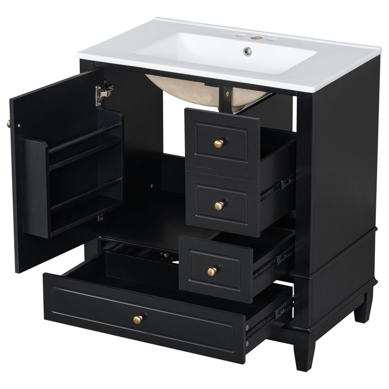 Meuble-lavabo 30 po avec lavabo, une porte avec tablette et trois tiroirs, porte à fermeture en douceur, Noir