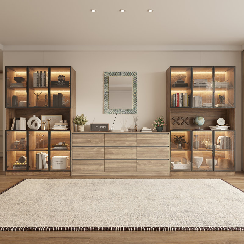 94.5 '' W Combination Bookcase With Glass Doors，display Cabin With Led Lights, Brown