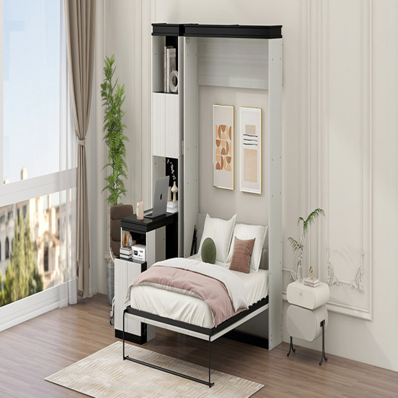 Lit escamotable double avec bureau, tablettes et armoires de rangement