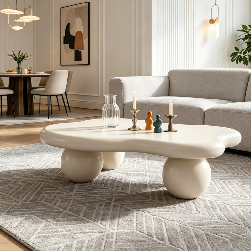 Table basse de 40 pouces en forme de nuage avec 3 pieds sphériques, Blanc, crème