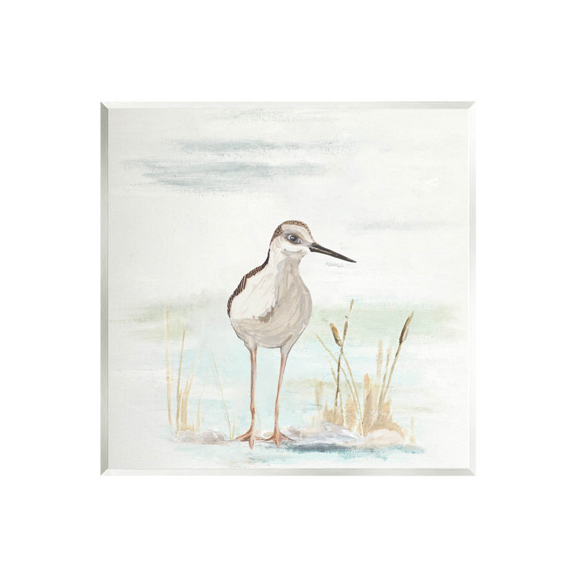 Bécasseau, plage, brin d'herbe, estampe numérique par Patricia Pinto, H 12 po x l 12 po x P 0,5 po, Bois