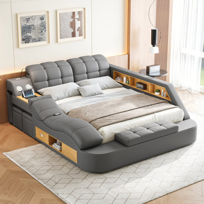 Multi-Functional Bed, Solid Wood Frame and Faux Leather Upholstery, Remote-Controlled Massage Recliner on the Left, Modern LED Lights, Bluetooth Speakers, USB Charging Ports, Adjustable Backrest
