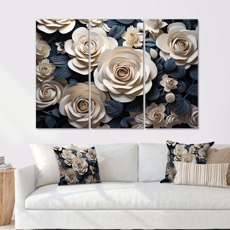 «Blue and White Roses Moonlight Grace», ensemble d'art sur toile Roses, H 32 po x l 48 po x P 1 po