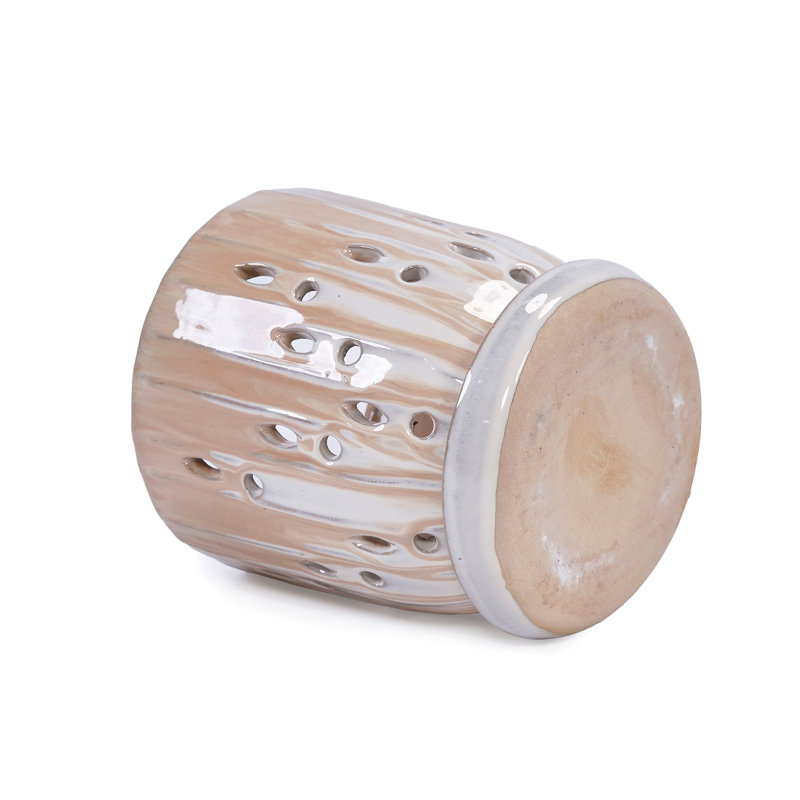 Handmade Ceramic Planter Set Of 2, 8" & 6" Diameter, Beige With Vertical Stripes & Oval Holes, For Orchids & Herbs Indoor/Outdoor Shelf & Table Use, Breathable Clay