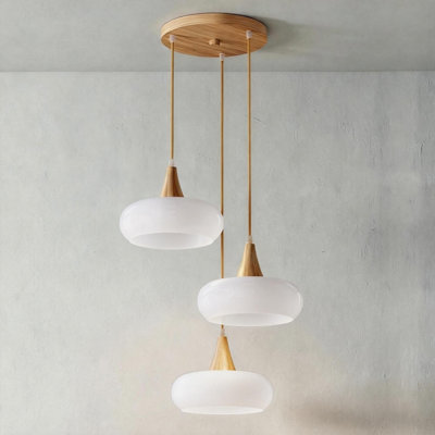 Luminaire suspendu moderne en dôme en bois avec longueur de suspension réglable et abat-jour en verre 3 lumières orange