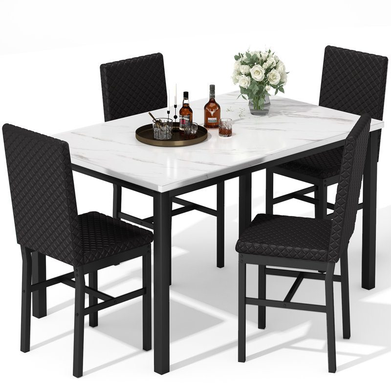  Ensemble de table de salle à manger pour 4 personnes, table de cuisine en faux marbre avec 4 chaises en cuir, ensembles de cuisine et de salle à manger modernes pour salle à manger, appartement, restaurant, blanc et diamant noir