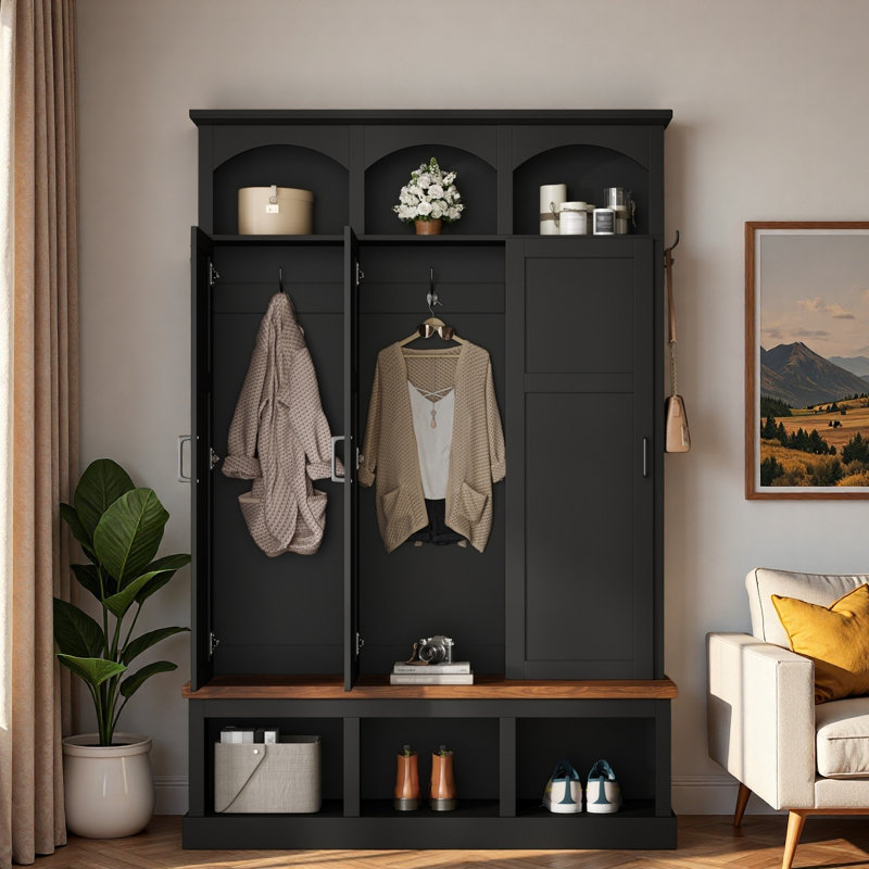 Arbre d'entrée de style campagnard avec 3 rangements cachés, 5 crochets et un banc, Black