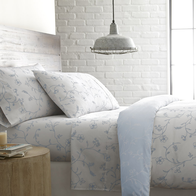 Ensemble de draps Southbest Fine Linens Sweetbrier Floral, Ensemble de draps pour lit double + drap-housse +, Blanc / Bleu