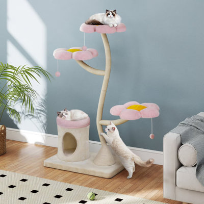 Arbre à chat en forme de fleur de 57,1 pouces de hauteur, trois lits plateforme en forme de fleur, un lit pour chat et des jouets suspendus convenant à plusieurs scènes, rose et beige