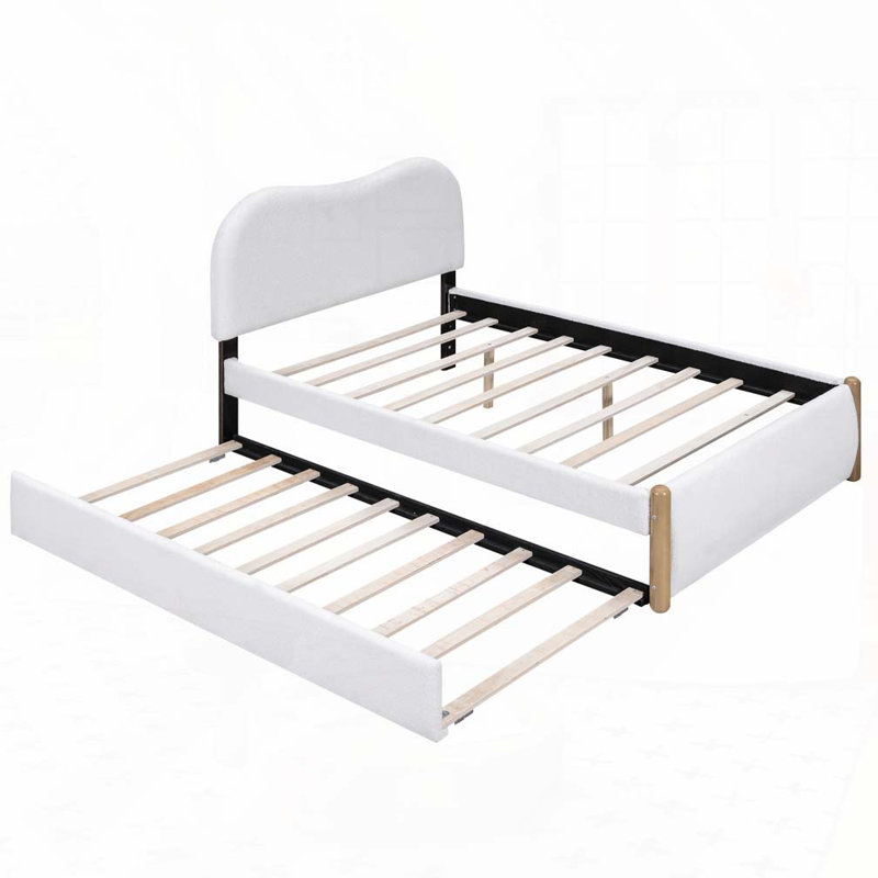 Lit plateforme tapissier avec pieds de support en bois et lit gigogne simple, Lit double, Blanc