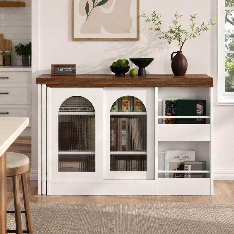 Buffet rotatif à 360 ° avec armoire de rangement en verre Horizon, H 30,2 po x l 47,8 po x P 15,2 po, Brown / White
