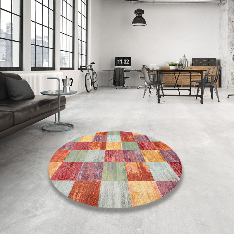 Tapis contemporain rouge / jaune, Rond 3 pi