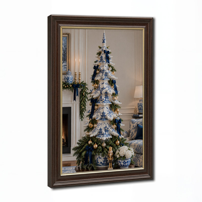 Blue and White Ceramic Tree with Greenery Christmas Canvas Wall Art, 18"H x 12"W