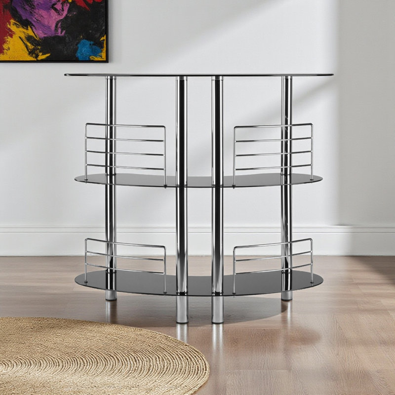 Chariot-bar en métal et verre à 3 niveaux au fini noir et chrome Martini, H 41,60 po x l 46,85 po x P 22,40 po