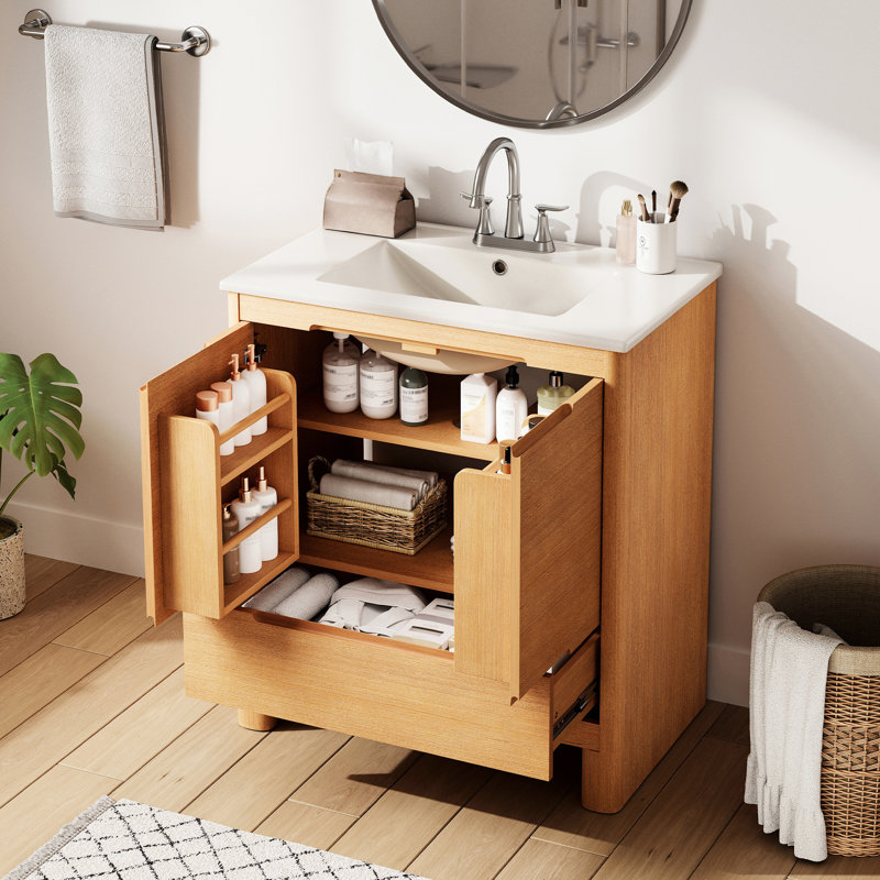 Meuble-lavabo moderne adouci de 30 po avec lavabo en bois de pin et en céramique, dossier ouvert, tiroir inférieur spacieux, portes à fermeture en douceur avec style, grain naturel, tablette réglable,