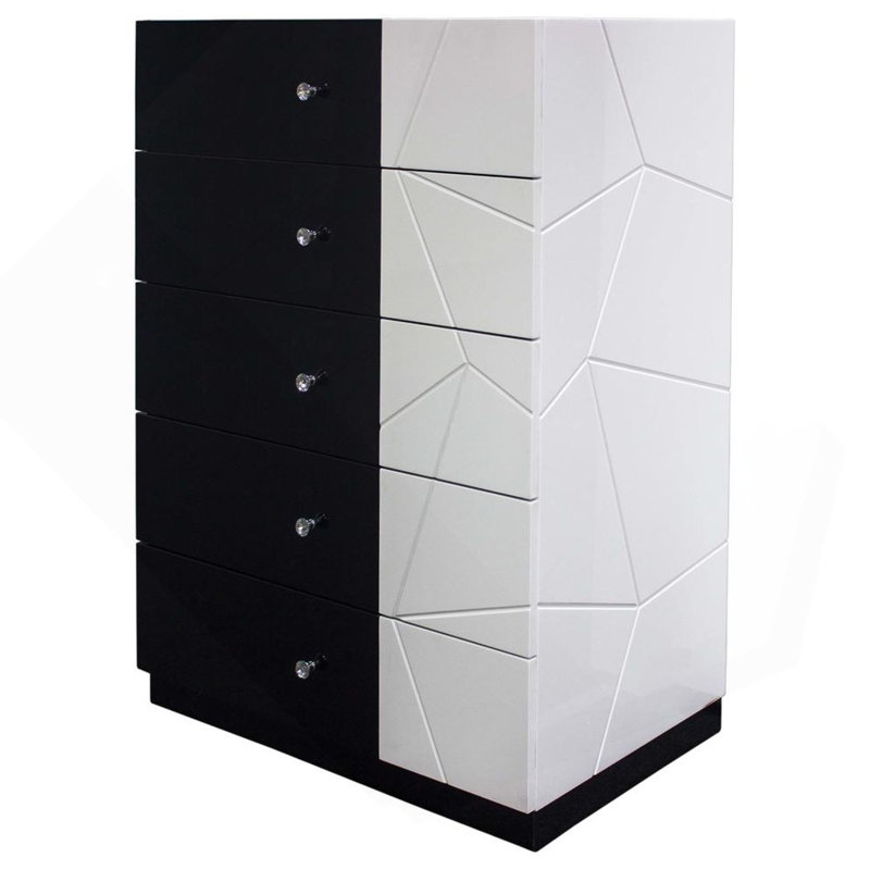 Unité de rangement moderne à 5 tiroirs avec commode en bois laqué, rangement à motif géométrique et poignée en cristal
