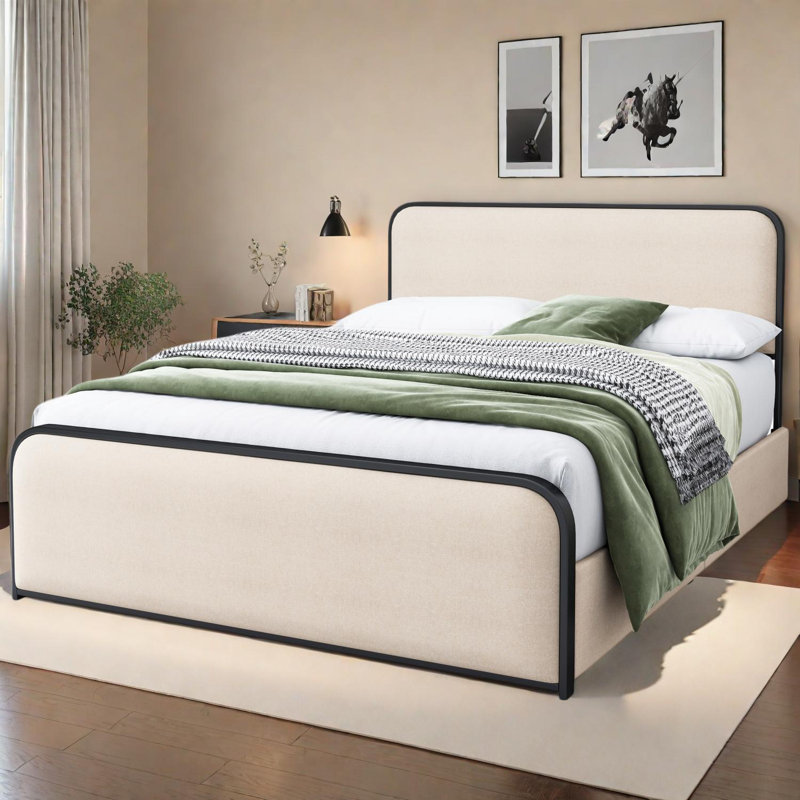 Modern Metal King Size Bed Frame with Upholstered Headboard and Footboard