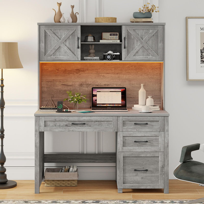 Farmhouse 67" H Executive Desk With Hutch And LED Light