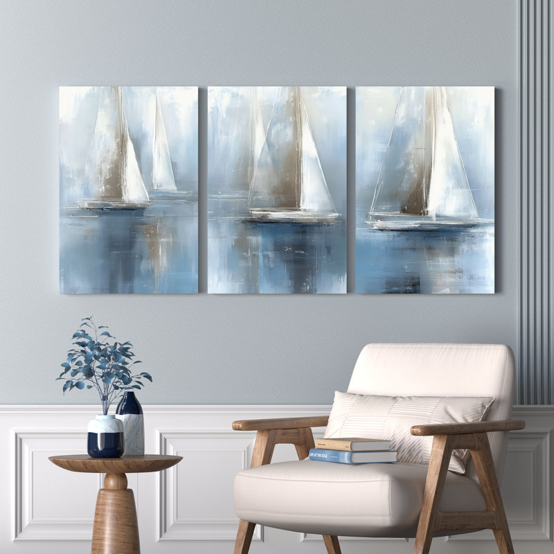 Tableau abstrait sur toile représentant la silhouette d'un voilier (lot de 3), H 36 po x l 72 po