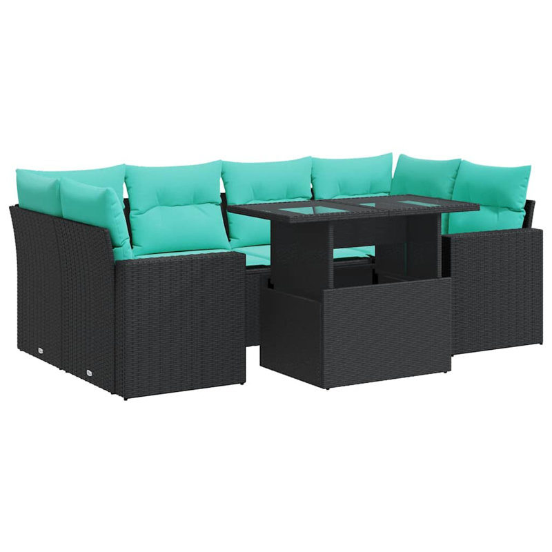  7 Piece Patio Sofa Set With Cushions Poly Rattan Acacia, Black, Green