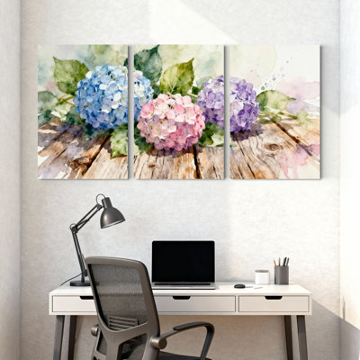 Watercolor Hydrangea Flowers on Wooden Background Canvas Wrapped Wall Art, Oil Painting Print (Set of 3)
