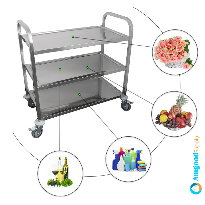 Heavy Duty Stainless Steel 3-Shelf Dining Cart with Swivel Casters