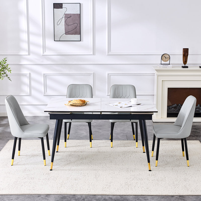 55'' - 79'' Extendable Sintered Stone Dining Table Set with Hidden Extension Leaf and Metal Legs, 5 Pieces: Table, 4 Chairs