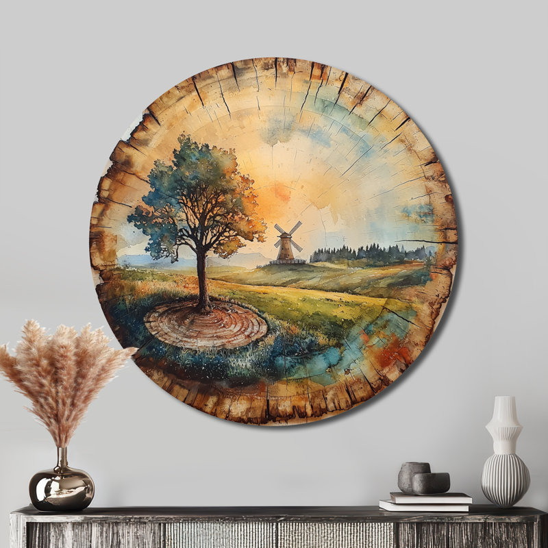 «Large Windmills Into A Summer Field Landscape», impression industrielle sur métal brun, H 23 po x l 23 po
