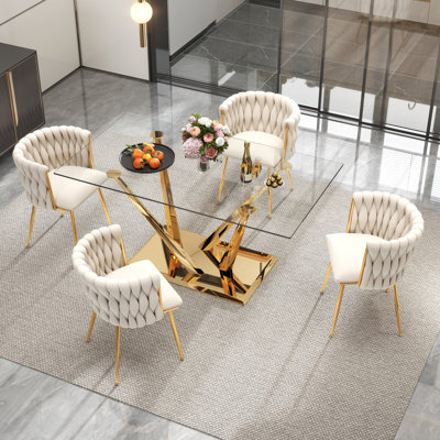 Modern Rectangle Tempered Glass Pedestal Dining Set with Velvet Woven Dininig Chair
