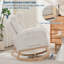 Fauteuil berçant à bascule en velours côtelé beige, dossier haut et poche latérale, idéal pour la chambre d'enfant ou le salon.