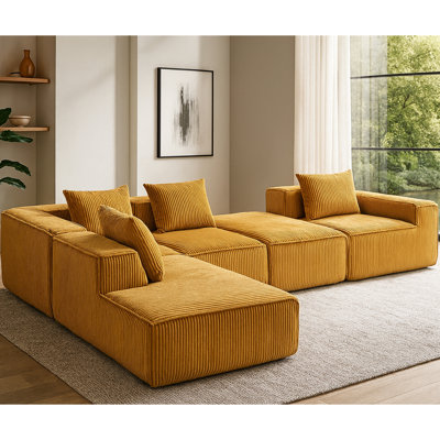 Modular Compression 33005 - 5 In Orange Corduroy, Soft Seat, High Density Sponge, Vacuum Compressed Compressed, Five Throw Pillows