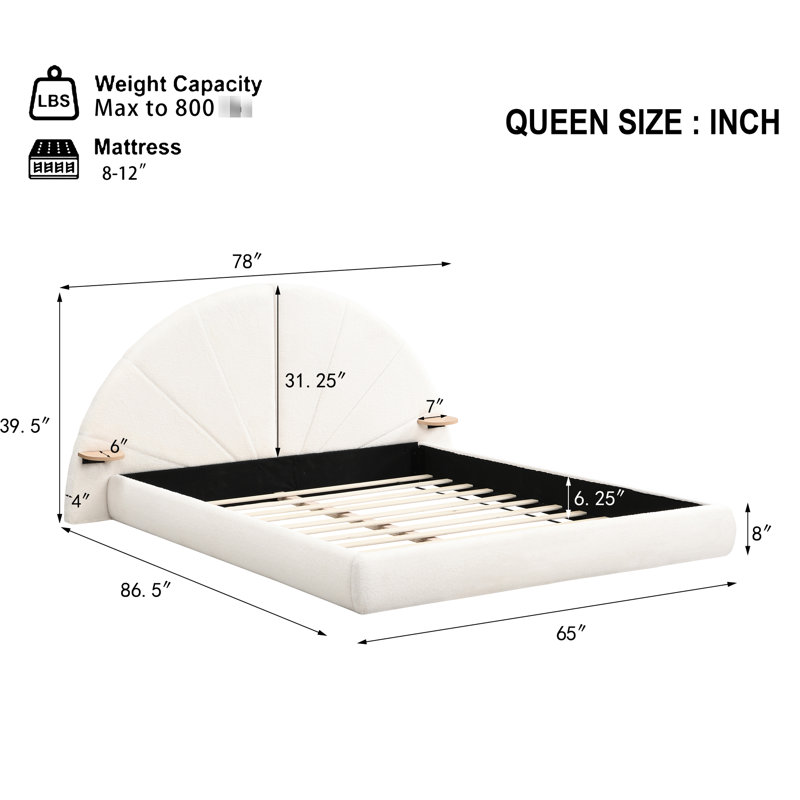 Beige Unique Arched Boucle Bed With Small Table, Queen - Comfortable Boucl Fabric, Floor Standing For 800 Lbs, Ideal Nordic Style Bedrooms Bed, Queen, Upholstery, Easy To Clean, Table Convenience,