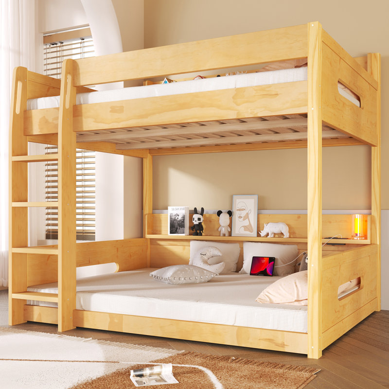 Queen over Queen Bunk Bed with Storage Shelves and USB Charging Ports, Solid Wood Frame, Wood Color, Wood