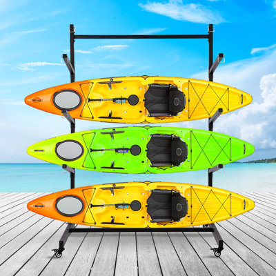 Heavy Duty Adjustable Kayak Storage Rack with Wheels – Freestanding Stand for Garage or Outdoor – Securely Stores Kayaks, Canoes, Surfboards, Paddleboards – 3 Layers