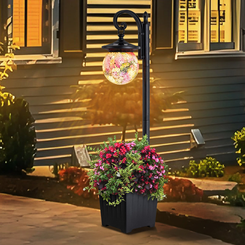Solar Outdoor Post Light With Planter, Mosaic