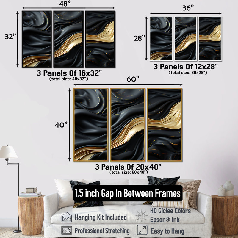 Ensemble de salon doré et noir Soft Wave Fusion - formes abstraites, H 28 po x l 36 po x P 1 po, Cadre flottant blanc