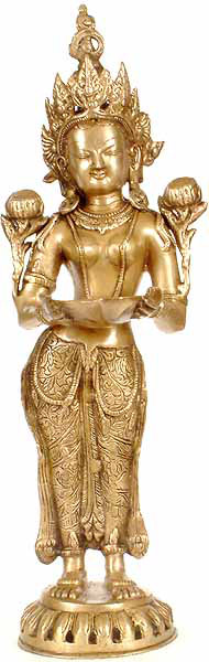 Statue tara bouddhiste tibétaine faite à la main de 20 po avec lampe en laiton - authentique sculpture d'artisan indien, divinité de bienveillance, méditation et autel