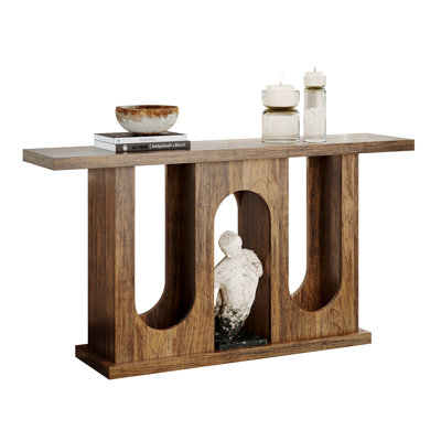 55 Inch Wooden Console Table, Farmhouse Sofa Table with Three Arched Open Storage