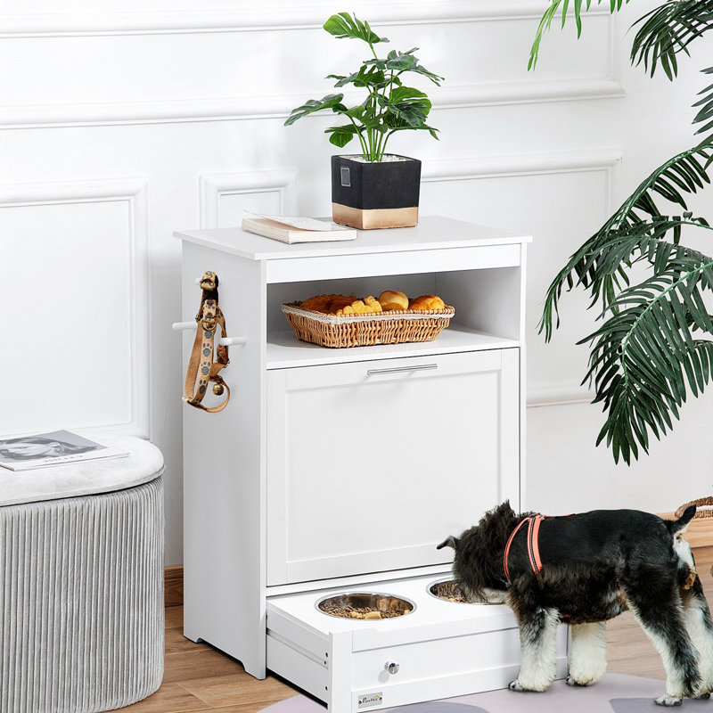 White Elevated Dog Feeder Station with Storage Cabinet