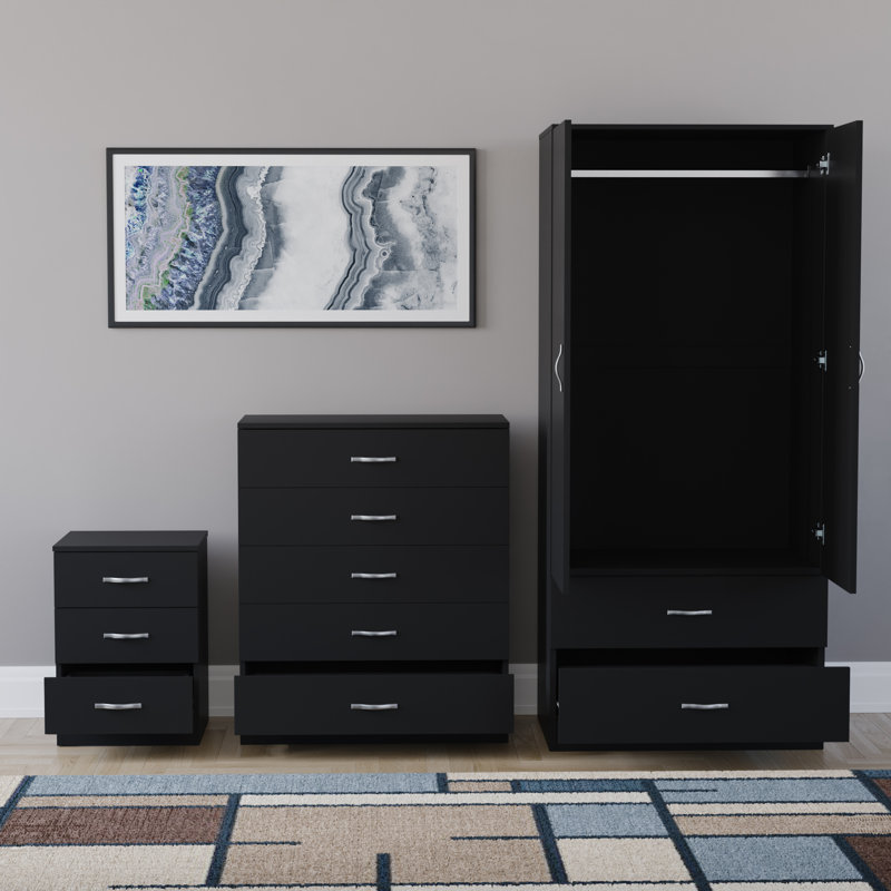 Maybery 3 Piece Bedroom Set (3 Drawer Bedside Chest, 5 Drawer Chest, 2 Door 2 Drawer Wardrobe), (4), Black